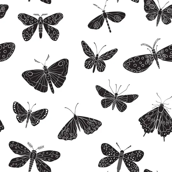 Özenle tasarlanmış kelebekler ve güveler siluette kusursuz desenler, çeşitli kanat desenleri ve sanatsal detaylar, vektör illüstrasyon