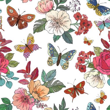 Renkli kelebekleri ve çiçek açan çiçekleri içeren kusursuz bir vektör deseni beyaz bir arkaplanda ince ve zarif bir doğadan esinlenilmiş bir tasarım yaratıyor.