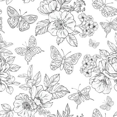 Kelebekler ve çiçek açan çiçeklerden oluşan kusursuz bir vektör deseni, zarif doğadan esinlenilmiş bir tasarım.