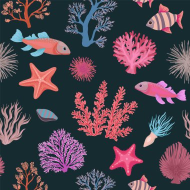 Mercan, deniz bitkileri, balık, denizyıldızı ve deniz elementlerinin koyu arkaplan üzerine detaylı ve sanatsal bir sualtı temasıyla kusursuz desenli bir vektör çizimi.
