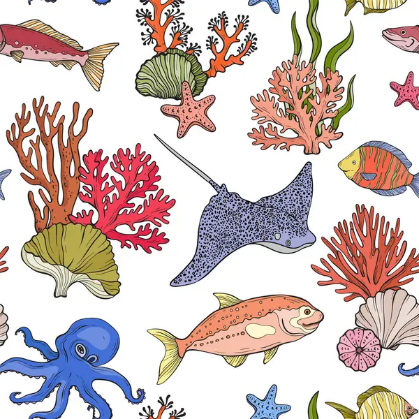 Renkli tropikal balıklarla, mercan resifleriyle, yosunlarla ve deniz bitkileriyle canlı sualtı görüntüleriyle kusursuz bir vektör deseni.