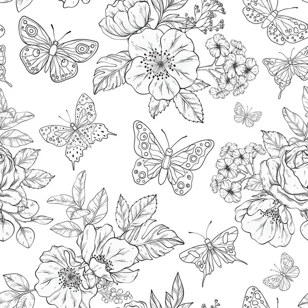 Kelebekler ve çiçek açan çiçeklerden oluşan kusursuz bir vektör deseni, zarif doğadan esinlenilmiş bir tasarım.