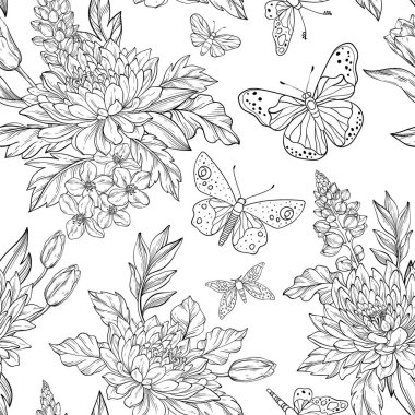 Çizgili kasımpatı, lupinler, kiraz çiçekleri ve kelebeklerin eşlik ettiği yemyeşil yapraklarla iç içe geçmiş kusursuz bir vektör deseni.
