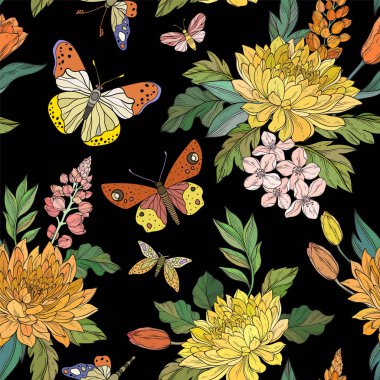Yapraklar, canlı kasımpatı çiçekleri ve siyah arka planda renkli kelebekler içeren kusursuz bir vektör deseni.
