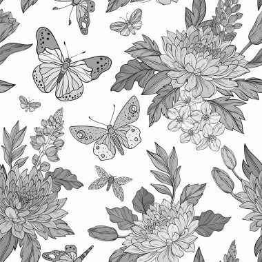 Yapraklar, tek renkli kasımpatı çiçekleri ve gri arka planda kelebekler içeren kusursuz bir vektör deseni.