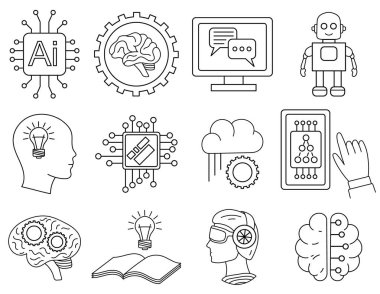 Robotlar, sinirsel ağlar, beyinler, bilgisayar çipleri ve dijital iletişim sembolleri de dahil olmak üzere yapay zeka elementlerinin bir vektör taslağı