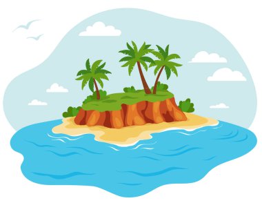 Palmiye ağaçları, kumlu plaj ve mavi okyanusla dolu, bulutlar ve kuşlarla dolu küçük bir adanın tropikal bir temsili.