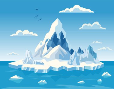 Okyanus suyuyla çevrili büyük bir buzdağının, yüzen buz parçalarının ve bulutlar ve kuşlarla dolu berrak mavi gökyüzünün soğuk kutup manzarasının vektör çizimi.