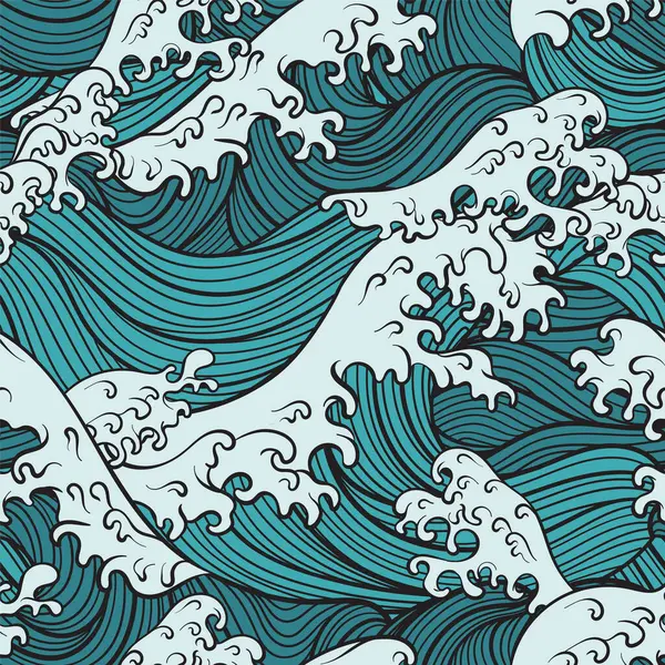 Süslü deniz dalgalarını köpüklü ibiklerle gösteren kusursuz bir vektör deseni çizimi