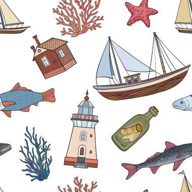 Denizcilik temalı tekneler, balıklar, deniz feneri, mercan ve deniz elementleri, vektör illüstrasyonu ile kusursuz desen