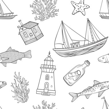 Denizcilik temalı tekneler, balıklar, deniz feneri, mercan ve deniz unsurları, vektör illüstrasyonlu kusursuz desen