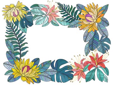 Sınırın etrafında parlak çiçekler ve yemyeşil yapraklarla döşenmiş tropikal çiçeklerin renkli bir temsili.