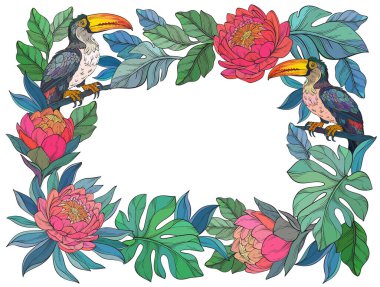 Renkli tukanları, yemyeşil yaprakları ve sınırın etrafında düzenlenmiş egzotik çiçekleri olan tropikal bir çiçek çerçevesinin canlı bir temsili.