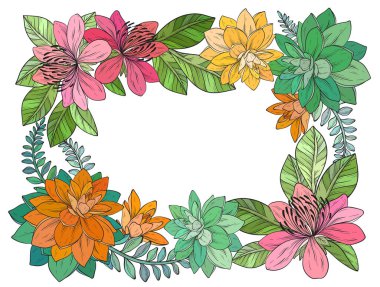 Süslü bir çiçek deseninin renkli bir temsili, çeşitli çiçek çeşitleri ve dekoratif bir sınırda sergilenen yemyeşil yapraklar içerir.