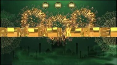 Premium ramadan kareem animation, with mosque temple, walking clouds and swaying lights, green background