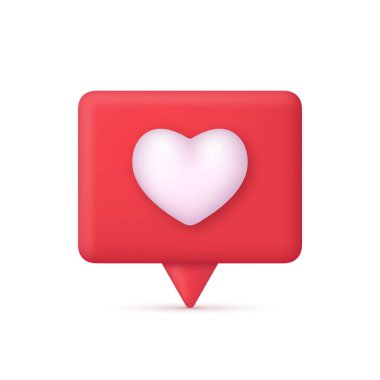 Kalp ikonu gibi üç boyutlu sosyal medya bildirim aşkı. Kırmızı kalpli ileti iletişim düğmesi. Beyaz kalpli kırmızı konuşma balonu. 3d biçiminde modaya uygun ve modern vektör.