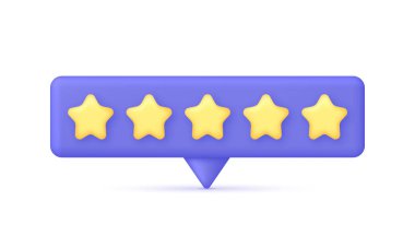 Konuşma baloncuğunda 3D 5 sarı yıldız. Çevrimiçi geri bildirim, inceleme ya da inceleme konsepti. 3d biçiminde modaya uygun ve modern vektör.