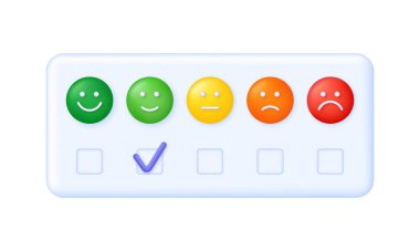 3D Feedback emotion scale illustration. Reviews with good and bad rating. Feedback in the form of emotions. Customer reviews. Excellent, good, normal, bad, terrible. Modern vector in 3d style. clipart