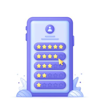 Telefondaki üç boyutlu duygu ölçeği. İyi ve kötü reytinglerle eleştiriliyor. Duyguların formunda geri bildirim. Müşteri değerlendirmeleri. Mükemmel, iyi, normal, kötü, korkunç. 3d biçiminde modern vektör.