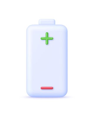3D Battery and plus, minus signs. The battery is charging. Battery charge from low to high. Discharged and charged battery. Trendy and modern vector in 3d style.