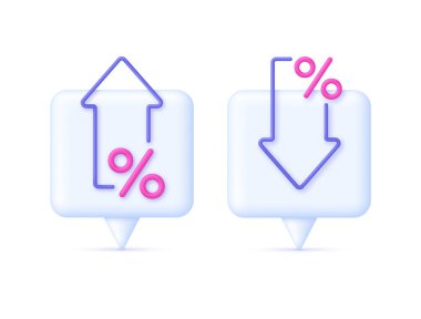 3D Percent and arrow icon on Speech Bubble. Percentage with arrow up and down. Interest rate, finance, banking, credit and money sphere concept. Trendy and modern vector in 3d style.