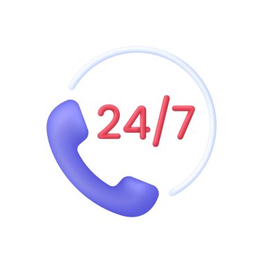 3D 24 saat telefon desteği çizimi. Müşteri hizmetleri konsepti. Merkezi ara. 3d biçiminde modaya uygun ve modern vektör.