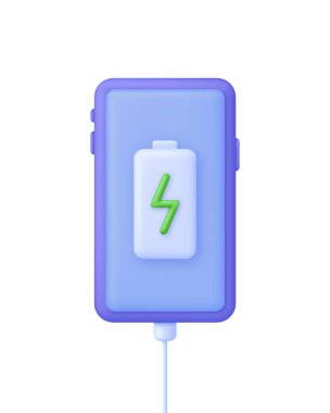 3D Battery icon on Phone. The battery is charging. Battery charge from low to high. Discharged and charged battery. Trendy and modern vector in 3d style.