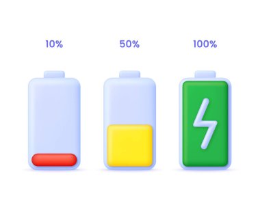 3D Battery charge indicator. Battery charge from low to high. Discharged and charged battery. Trendy and modern vector in 3d style.