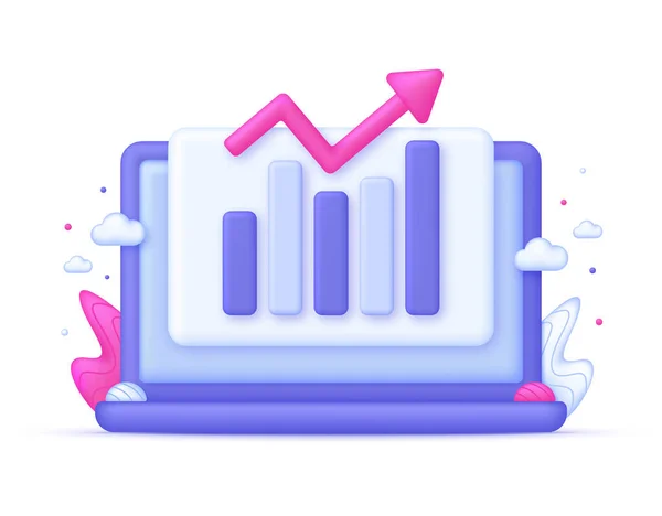 stock vector 3D Growing bar graph illustration on Computer. Making goals and goal achievement, growth business success. Investment and financial growth concept. Modern vector in 3d style.