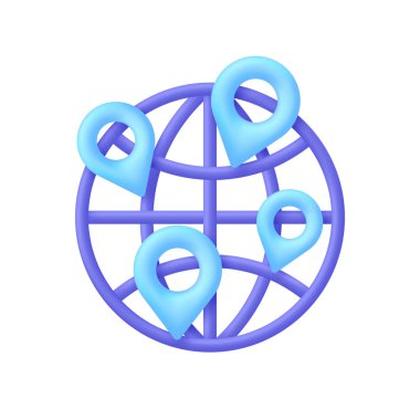 Üzerinde harita iğneleri olan 3D Globe. Dünya seyrüsefer, seyahat yeri seçimi, coğrafi konum, seyahat ya da seyahat planlama konsepti. 3d biçiminde modaya uygun ve modern vektör.