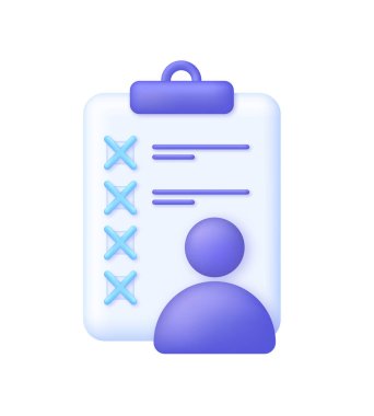 3 boyutlu iş görüşmesi için işe alım formu simgesi. Reddedilmiş konsept. Aday anket listesi boşaldı. İş arama, insan kaynakları, iş görüşmesi, iş görüşmesi, insan kaynakları, adam toplama konsepti. 3d biçiminde vektör.