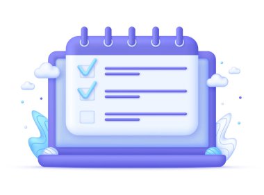 3d Takvim ve Bilgisayar üzerindeki işaretleri kontrol et. Planlama konsepti. İş akışı organizasyonu kavramı. 3d biçiminde modaya uygun ve modern vektör.