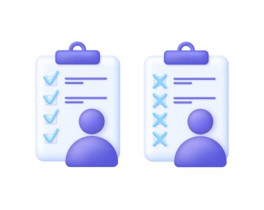 3 boyutlu iş görüşmesi için işe alım formu simgesi. Reddedilmiş ve onaylanmış konsept. Aday anket listesi boşaldı. İş arama, insan kaynakları, iş görüşmesi, iş görüşmesi, insan kaynakları, adam toplama konsepti. 3B vektör