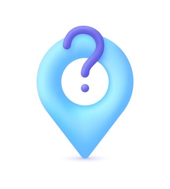 Üç boyutlu lokasyon iğnesi ve soru işareti. Bilinmeyen konum kavramı. Yer tespiti yap. GPS navigatör işaretçisi. 3d biçiminde modaya uygun ve modern vektör.