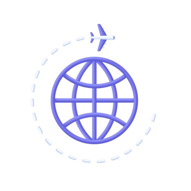 Dünya üzerinde uçan 3 boyutlu bir uçak. Uçak rotası çizimi. Başlangıç noktasından konum pimine git. Seyahat ikonu. 3d biçiminde modaya uygun ve modern vektör.