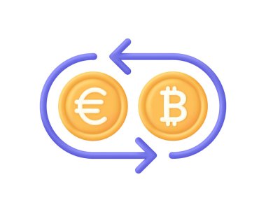 3 boyutlu döviz döviz illüstrasyonu. Para değişimi ya da nakit iade kavramı. Euro 'dan Bitcoin ikonuna. Para transferi. 3d biçiminde modaya uygun ve modern vektör.