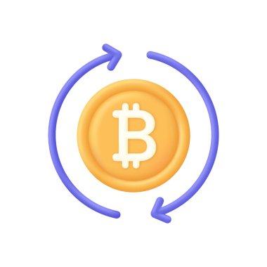 3 boyutlu döviz döviz illüstrasyonu. Para değişimi ya da nakit iade kavramı. Bitcoin simgesi. Para transferi. 3d biçiminde modaya uygun ve modern vektör.