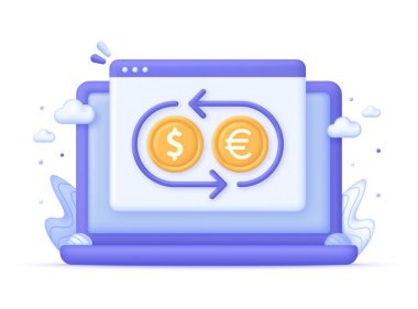 Bilgisayar 'da 3 boyutlu döviz illüstrasyonu. Para değişimi ya da nakit iade kavramı. Avrodan dolar ikonu. Para transferi. 3d biçiminde modaya uygun ve modern vektör.