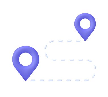 Pin ikonlu 3D rota çizgisi. Yol ya da yol kavramı. Yer belirleme noktası. GPS navigatör işaretçisi. 3d biçiminde modaya uygun ve modern vektör.