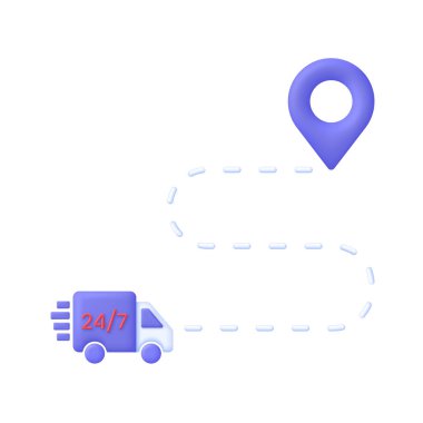 3D 24 saat teslimat illüstrasyonu. Kamyon bir noktadan diğerine hareket ediyor. Hızlı teslimat, nakliye, kamyon ikonu, hızlı hareket. Hızlı teslimat konsepti. 3d biçiminde modaya uygun ve modern vektör