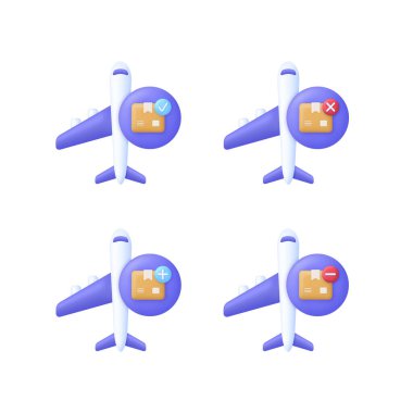 Paketli üç boyutlu uçaklar seti. Teslimat konsepti. Simgeleri kaldır ve ekle. Uçuş taşıma sembolü. Seyahat konsepti. 3d biçiminde modaya uygun ve modern vektör