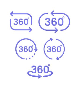 360 ikondan oluşan 3 boyutlu bir set. 360 derecelik bir görüntü sembolü. Panorama ve 360 derece dönüyor. Sanal gerçeklik kavramı. 3d biçiminde modaya uygun ve modern vektör