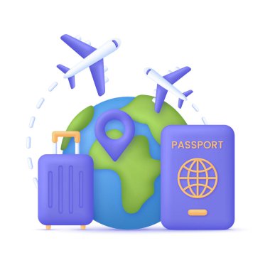 Pasaportlu, gezegenli, seyahat çantalı, uçaklı 3 boyutlu trip pankartı. Dünyayı dolaş. Turizm. Seyahat illüstrasyonu. 3d biçiminde modaya uygun ve modern vektör