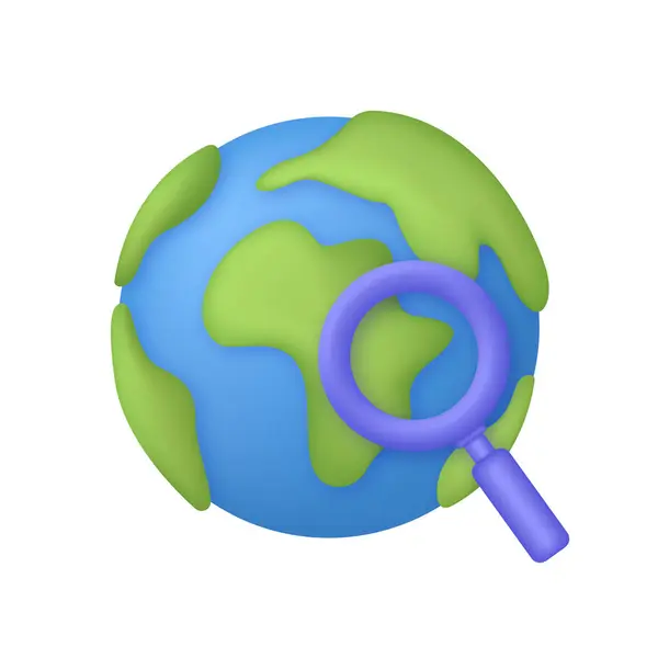Логотип Мультяшного Глобуса Збільшувальним Склом Спереду Символізує Пошук Або Дослідження — стоковий вектор