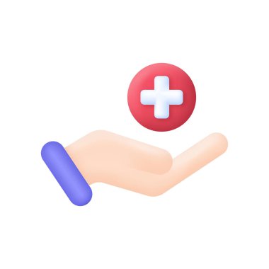 3D Eller tıbbi eczane ikonunu tutuyor. Sağlık sigortası konsepti. Eczane konsepti. 3B biçiminde modaya uygun ve modern vektör