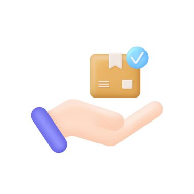 3D Hand paket simgesini tutuyor. Teslimat konsepti. Kargo kutusunda işaret var. Hızlı teslimat. Hızlı teslimat, nakliye, hızlı hareket. İnternetten alışveriş. 3d biçiminde modaya uygun ve modern vektör