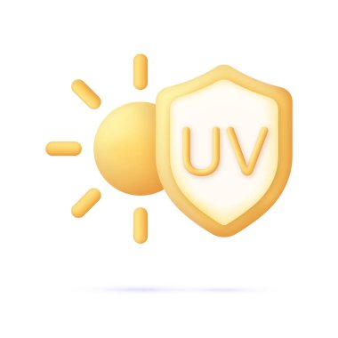 Üç boyutlu güneş kremi simgesi. Korunmadan sonra ultraviyole ışınlar. Ultraviyole ikonlu kalkan. Güneş UV oku radyasyonu korur. 3d biçiminde modaya uygun ve modern vektör