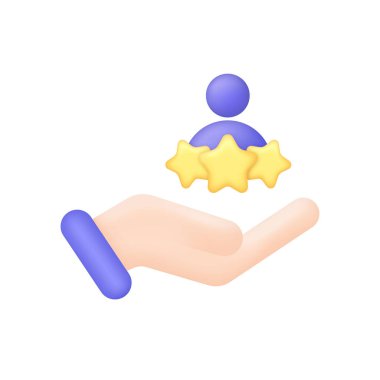 3D Hand yıldızlı adamı tutuyor. Tüketici ya da müşteri geribildirim puanı, memnuniyet seviyesi ve eleştiri kavramı. Çevrimiçi geri bildirim, inceleme ya da inceleme konsepti. 3d biçiminde modaya uygun ve modern vektör