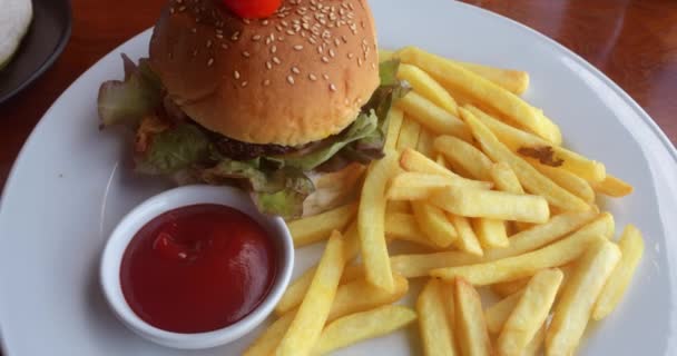 Tányér Finom Hamburgerrel Sült Krumplival Ketchuppal Amerikai Kaja Kiváló Minőségű — Stock videók