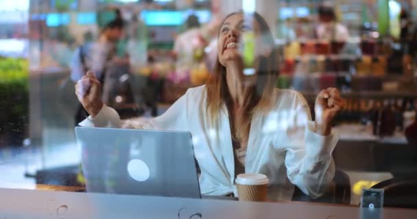 Mulher Negócios Bem Sucedida Alegra Sente Emoção Felicidade Alcançar Metas — Vídeo de Stock